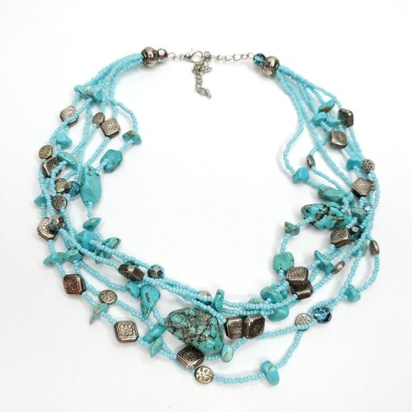 Unbranded Jewelry - Beaded Necklace Blue Stone Nuggets Glass Seed Beads Silver Tone Boho Western 16"